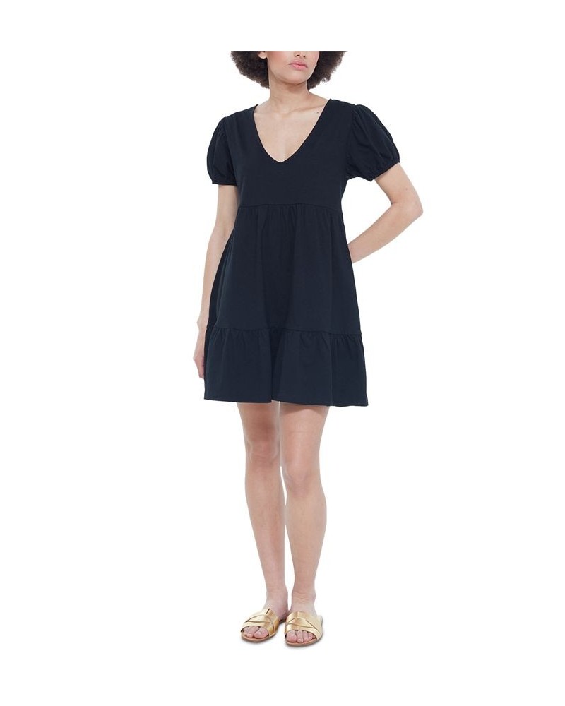 Women's V-Neck Puff-Sleeve Babydoll Dress Black $19.23 Dresses