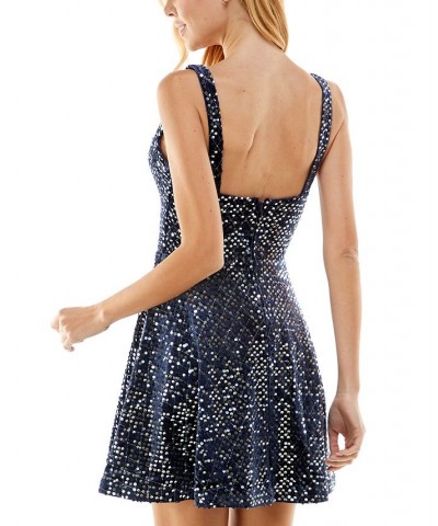 Juniors' Sequined Velvet Fit & Flare Dress Navy/Silver $22.01 Dresses