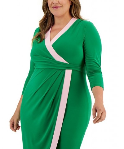 Plus Size Surplice V-Neck Long-Sleeve Dress Green Combo $28.32 Dresses