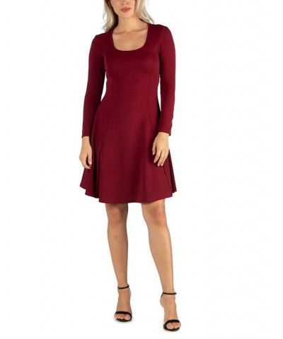 Women's Simple Long Sleeve Knee Length Flared Dress Red $18.00 Dresses