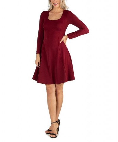 Women's Simple Long Sleeve Knee Length Flared Dress Red $18.00 Dresses