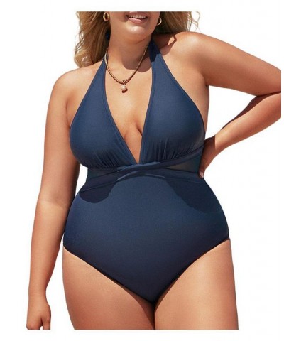 Women's Release Happiness Wrapped Halter Plus Size One Piece Swimsuit Navy $27.49 Swimsuits