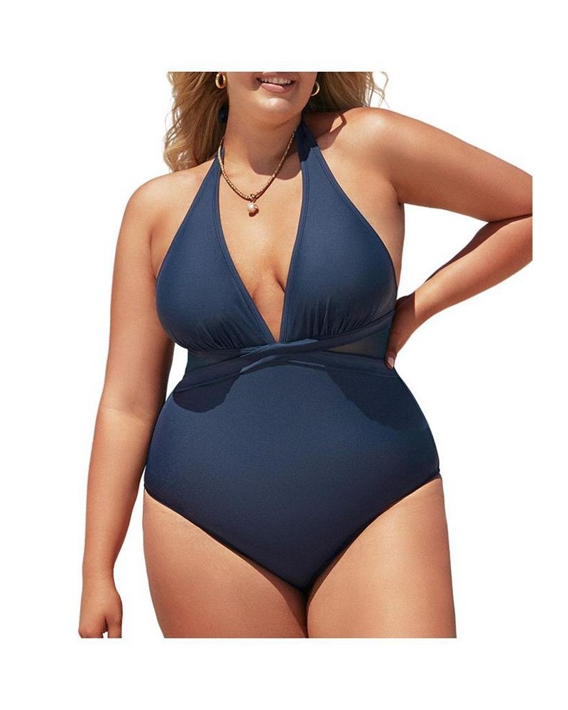 Women's Release Happiness Wrapped Halter Plus Size One Piece Swimsuit Navy $27.49 Swimsuits