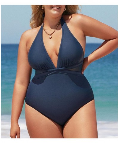 Women's Release Happiness Wrapped Halter Plus Size One Piece Swimsuit Navy $27.49 Swimsuits