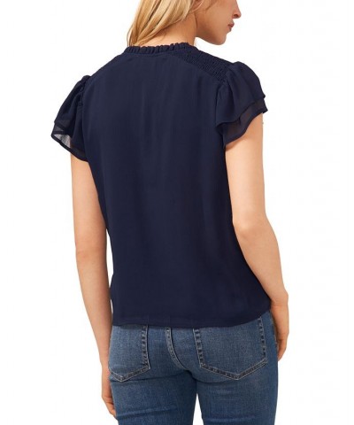 Women's Tie-Neck Flutter-Sleeve Short Sleeve Blouse Navy J $42.72 Tops