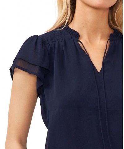 Women's Tie-Neck Flutter-Sleeve Short Sleeve Blouse Navy J $42.72 Tops