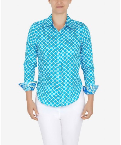 Petite Wrinkle Resistant Printed Button Down Tops Lagoon Multi $30.34 Tops
