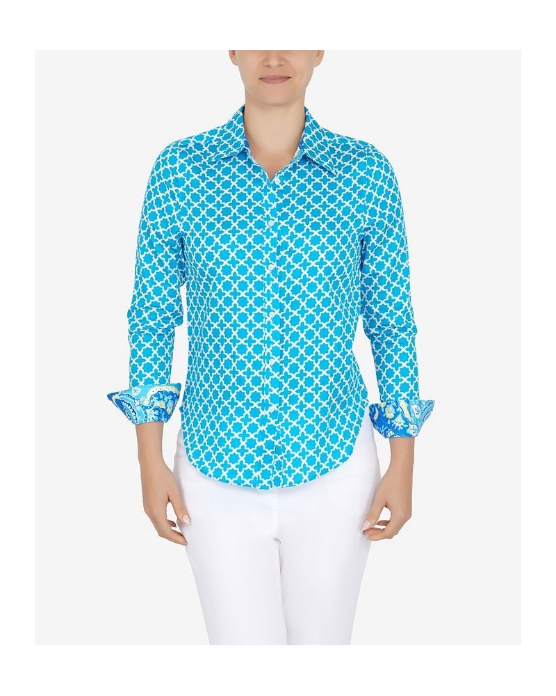 Petite Wrinkle Resistant Printed Button Down Tops Lagoon Multi $30.34 Tops