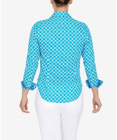 Petite Wrinkle Resistant Printed Button Down Tops Lagoon Multi $30.34 Tops