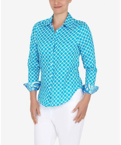 Petite Wrinkle Resistant Printed Button Down Tops Lagoon Multi $30.34 Tops