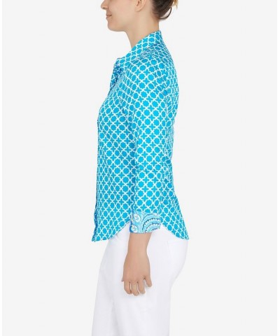 Petite Wrinkle Resistant Printed Button Down Tops Lagoon Multi $30.34 Tops