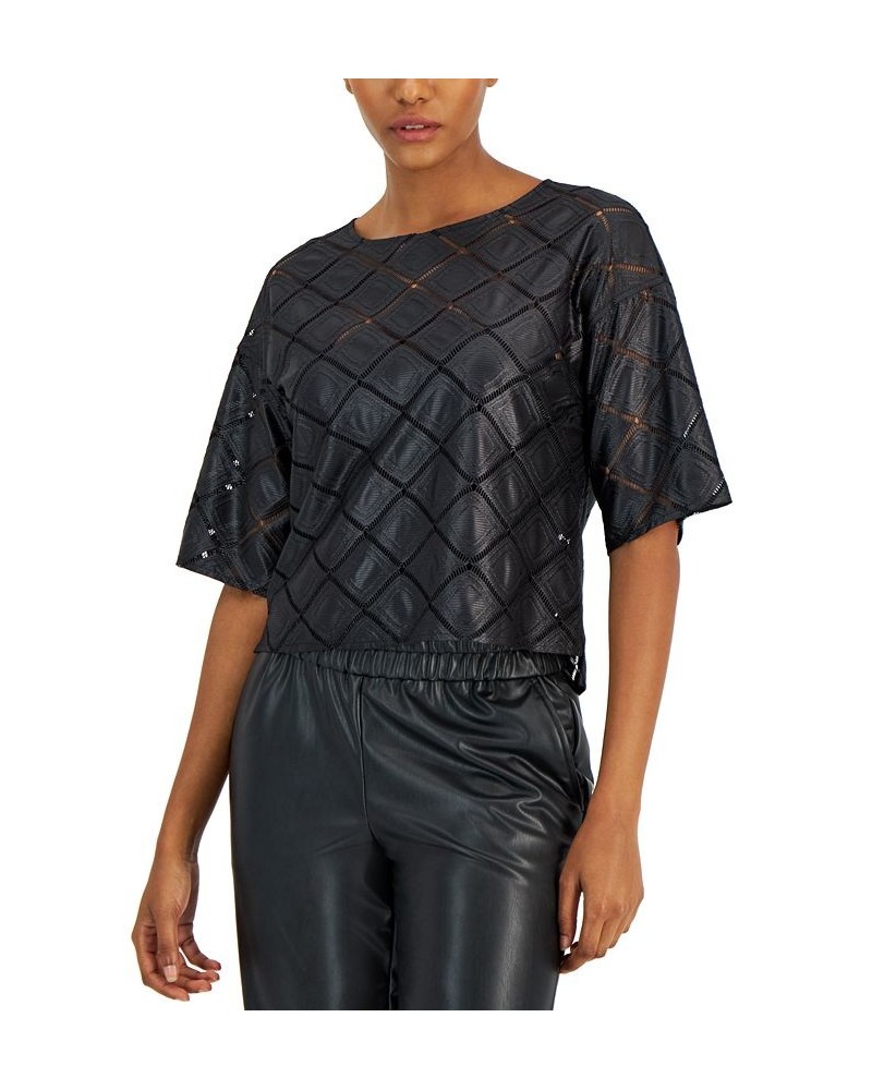 Women's Crewneck Short-Sleeve Lace Top Anne Black $15.27 Tops