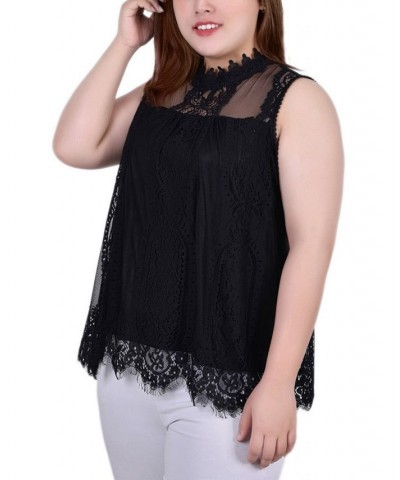 Plus Size Sleeveless Mock Neck Lace Top Black $14.08 Tops