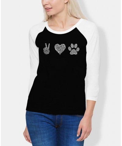 Women's Raglan Peace Love Dogs Word Art T-shirt Black, White $20.68 Tops