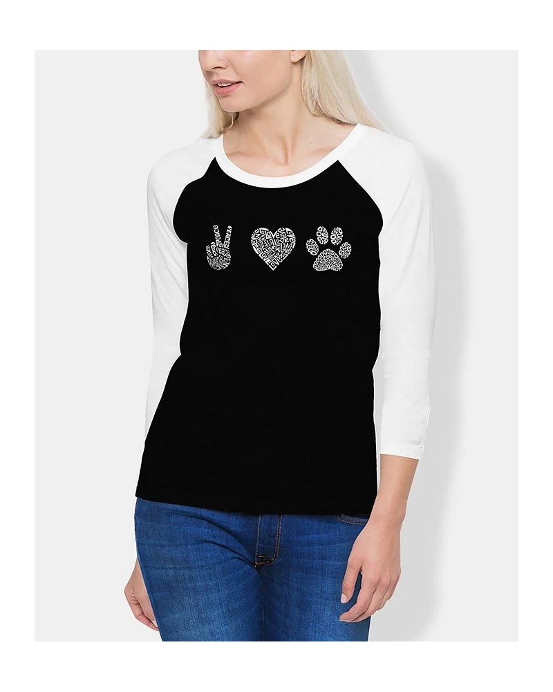 Women's Raglan Peace Love Dogs Word Art T-shirt Black, White $20.68 Tops