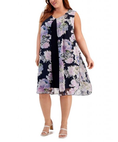 Plus Size Floral-Print Overlay Sheath Dress Navy $41.58 Dresses