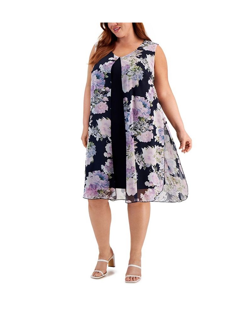 Plus Size Floral-Print Overlay Sheath Dress Navy $41.58 Dresses