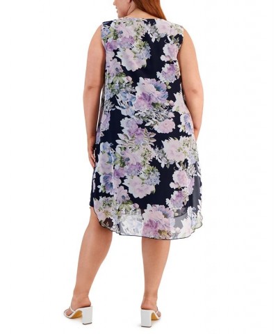 Plus Size Floral-Print Overlay Sheath Dress Navy $41.58 Dresses