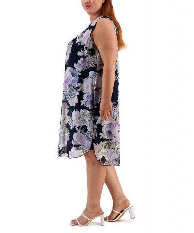 Plus Size Floral-Print Overlay Sheath Dress Navy $41.58 Dresses