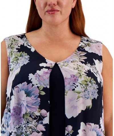 Plus Size Floral-Print Overlay Sheath Dress Navy $41.58 Dresses