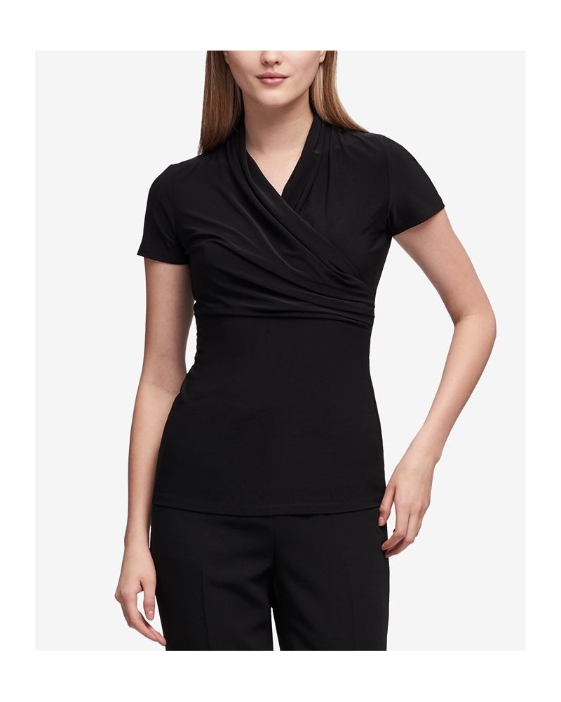 Petite Draped Surplice Blouse Black $26.55 Tops