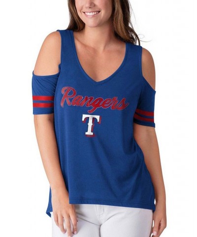 Women's Royal Texas Rangers Extra Inning Cold Shoulder V-Neck T-shirt Royal $24.00 Tops