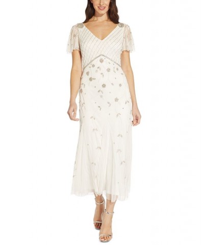 Petite Beaded Flutter-Sleeve Gown Ivory $47.68 Dresses