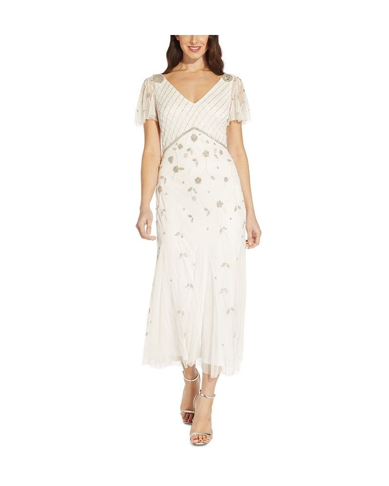 Petite Beaded Flutter-Sleeve Gown Ivory $47.68 Dresses