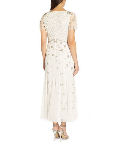 Petite Beaded Flutter-Sleeve Gown Ivory $47.68 Dresses