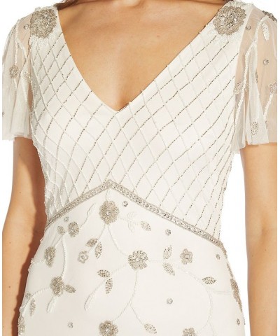 Petite Beaded Flutter-Sleeve Gown Ivory $47.68 Dresses