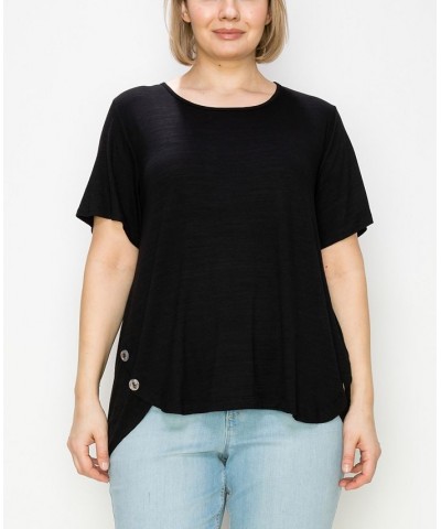 Plus Size Button Panel Short Sleeve Top Black $20.52 Tops