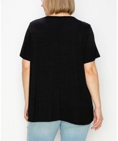 Plus Size Button Panel Short Sleeve Top Black $20.52 Tops