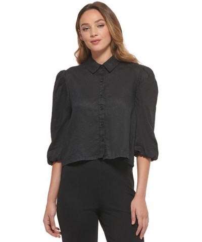 Women's Cotton Collared Button-Up 3/4-Sleeve Top Black $18.32 Tops