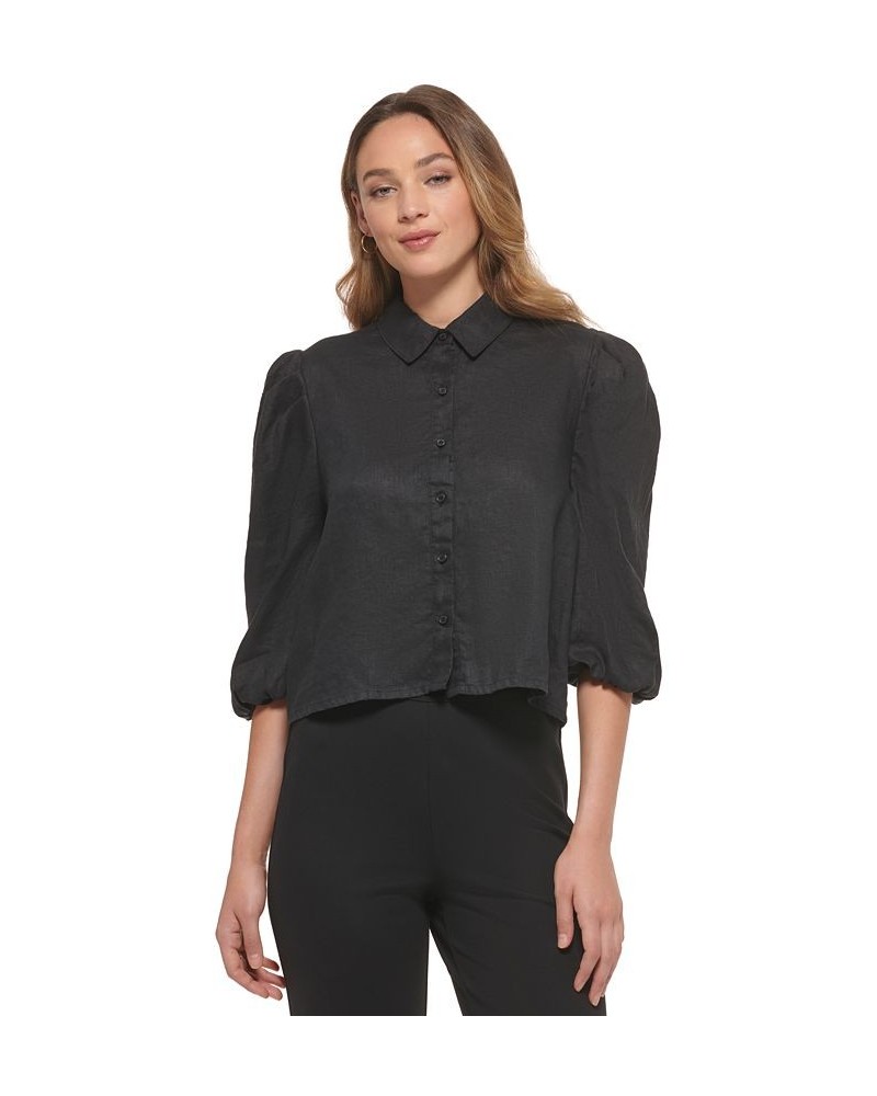 Women's Cotton Collared Button-Up 3/4-Sleeve Top Black $18.32 Tops