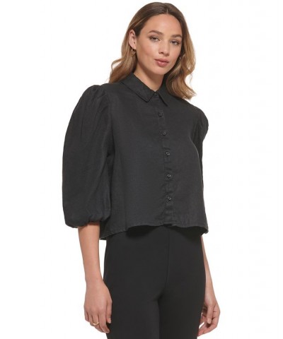 Women's Cotton Collared Button-Up 3/4-Sleeve Top Black $18.32 Tops