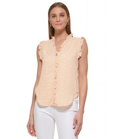 Women's Abstract-Print Ruffle-Trim Sleeveless Shirt Melon Multi $35.19 Tops
