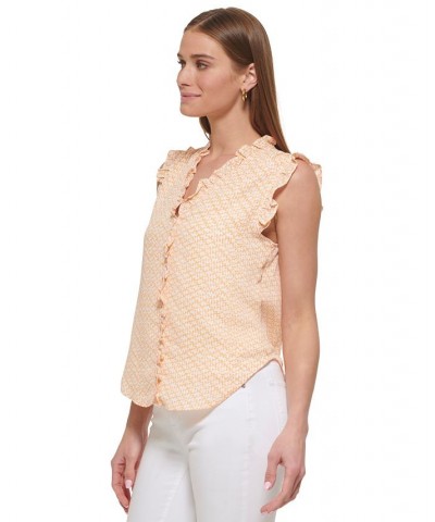 Women's Abstract-Print Ruffle-Trim Sleeveless Shirt Melon Multi $35.19 Tops