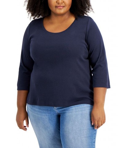 Plus Size Cotton 3/4-Sleeve T-Shirt Blue $15.47 Tops