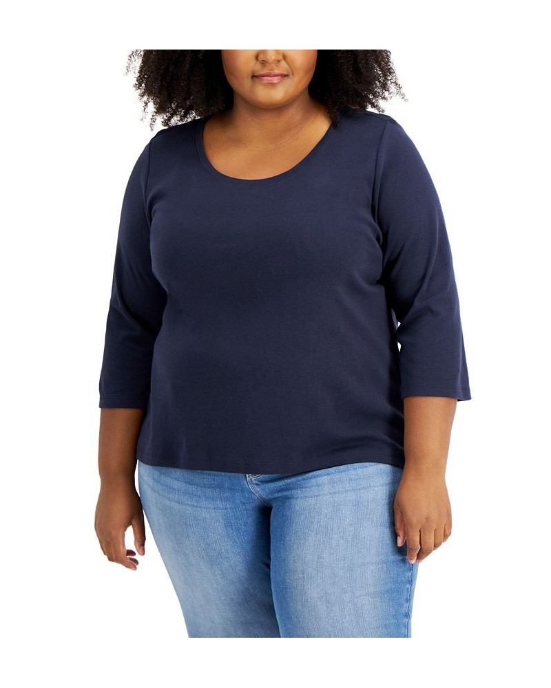 Plus Size Cotton 3/4-Sleeve T-Shirt Blue $15.47 Tops