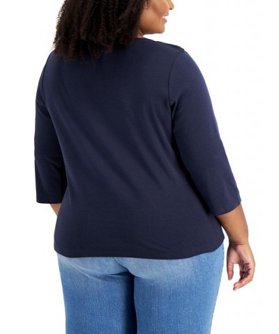 Plus Size Cotton 3/4-Sleeve T-Shirt Blue $15.47 Tops