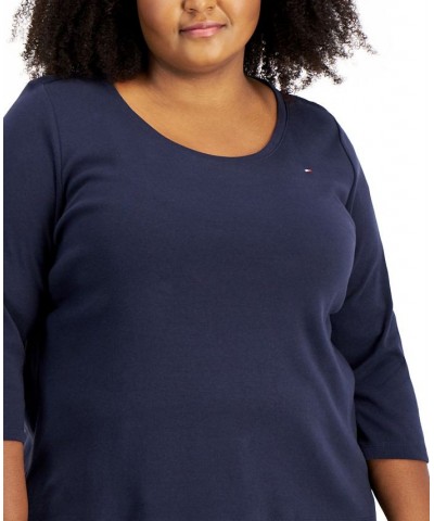 Plus Size Cotton 3/4-Sleeve T-Shirt Blue $15.47 Tops