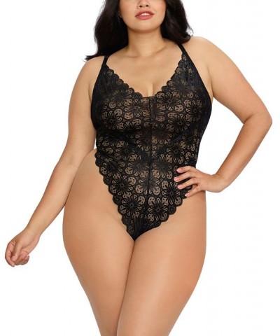 Plus Size Mosaic Lace Teddy & Sheer Skirt 2pc Lingerie Set Black $31.90 Lingerie