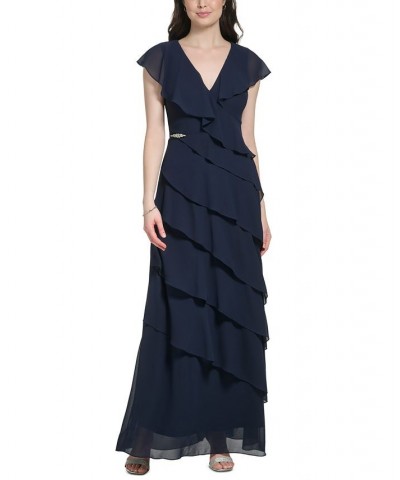Women's Ruffled Rhinestone-Embellished Gown Navy $62.65 Dresses