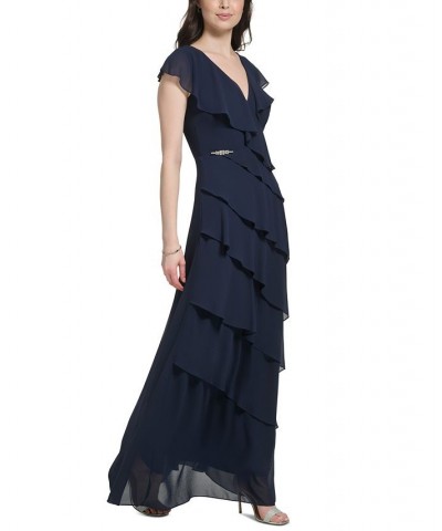 Women's Ruffled Rhinestone-Embellished Gown Navy $62.65 Dresses