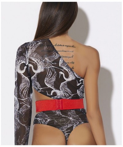 Crane Print One Shoulder Sheer Bodysuit Lingerie with Removable Belt Black $28.20 Lingerie