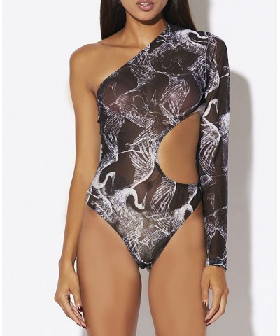 Crane Print One Shoulder Sheer Bodysuit Lingerie with Removable Belt Black $28.20 Lingerie