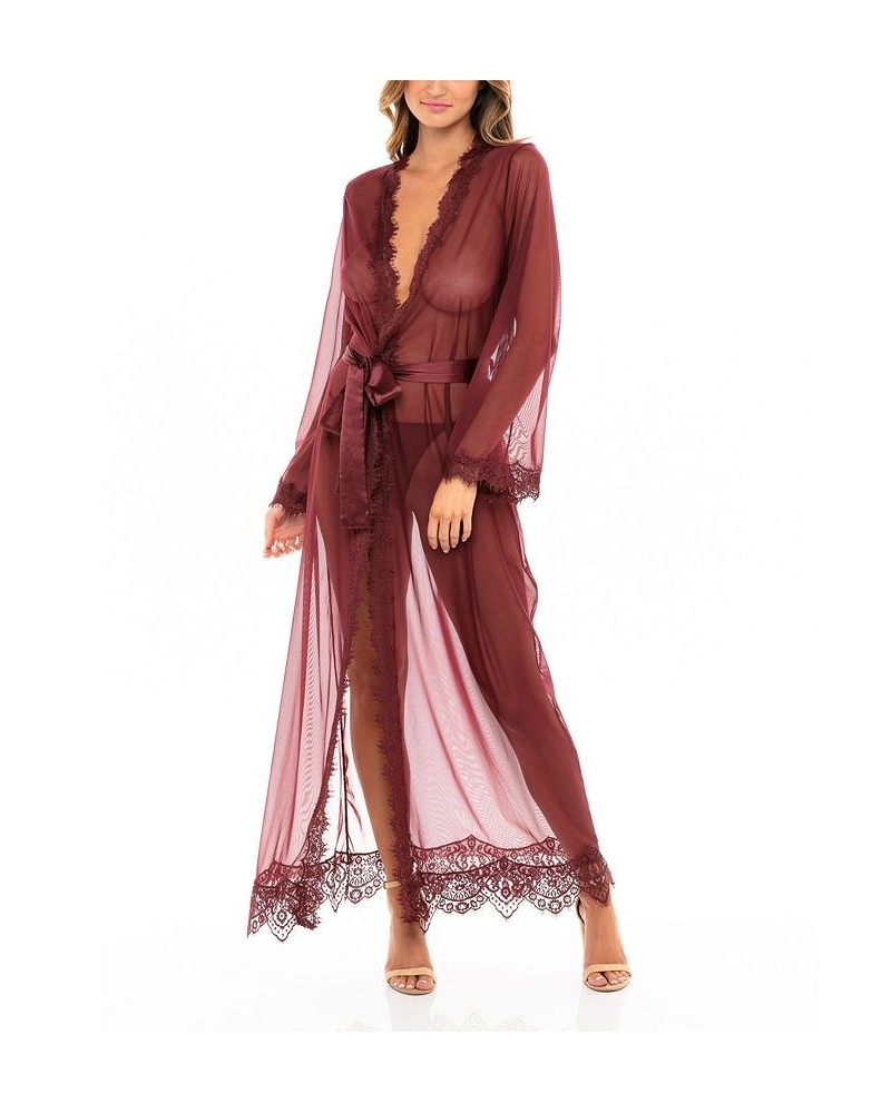 Women's Eyelash Lace Floor Length Lingerie Robe with Satin Sash Lingerie Red $21.42 Lingerie
