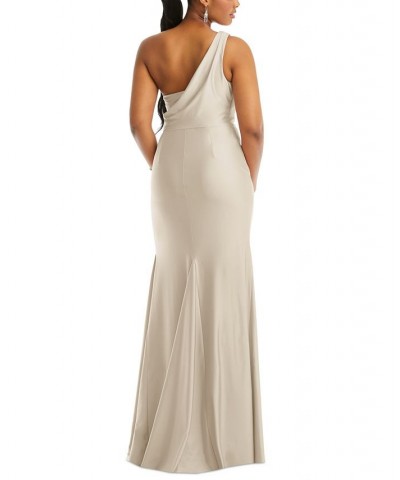 Women's One-Shoulder Asymmetrical Cowl Back Gown Tan/Beige $124.32 Dresses