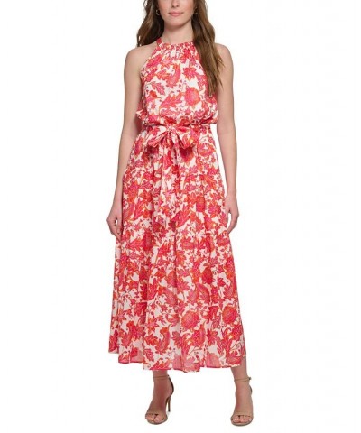 Women's Cotton Printed Halter Maxi Dress Magenta Multi $54.08 Dresses