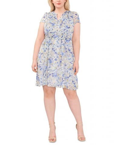 Plus Size Metallic Floral-Print Cap-Sleeve Shirtdress Ivory Multi $45.39 Dresses